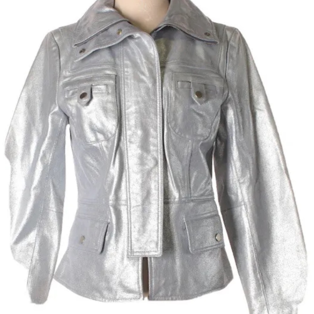 NWT Bayou Bradley Genuine Leather Moto Jacket Size L SILVER